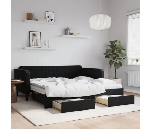 Izvelkams Dīvāns Ar Atvilktnēm, Melns, 90X190 Cm, Samts Vidaxl