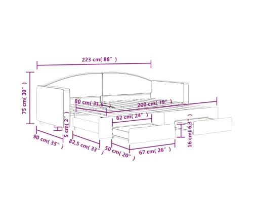 Lova Su Ištraukiama Dalimi/Stalčiais, Juoda, 80X200cm Audinys