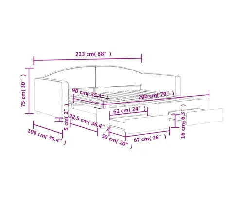 Lova Su Ištraukiama Dalimi/Stalčiais, Juoda, 90X200cm Audinys