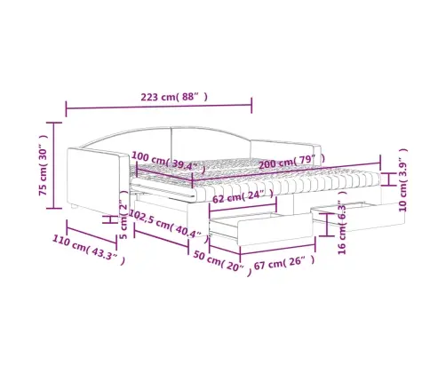Lova Su Ištraukiama Dalimi/Stalčiais, Taupe, 100X200cm Audinys