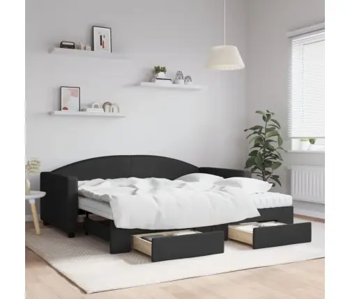 Lova Su Ištraukiama Dalimi/Stalčiais, Juoda, 90X190cm Audinys