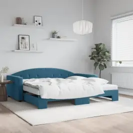 Lova Su Ištraukiama Dalimi/Čiužiniu, Mėlyna, 100X200cm Aksomas