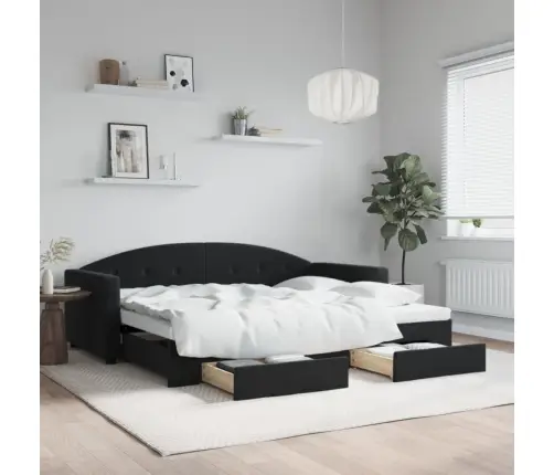 Lova Su Ištraukiama Dalimi/Stalčiais, Juoda, 90X200cm Aksomas