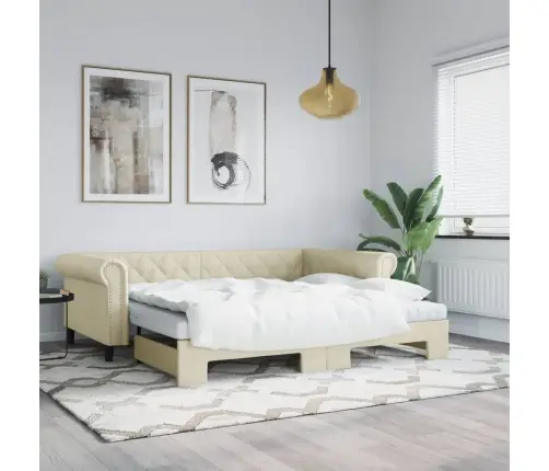 Diivanvoodi Väljatõmmatava Osaga, Kreemjas, 90X200 Cm Kunstnahk