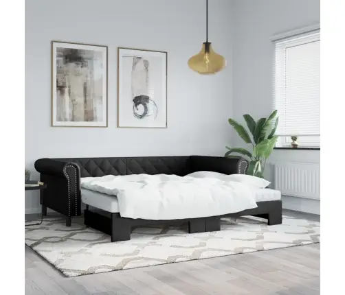 Ištraukiama Lova Su Čiužiniais, Juoda, 90X200cm Dirbtinė Oda