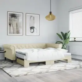 Izvelkams Dīvāns Ar Matraci, Krēmkrāsa, 90X200 Cm, Mākslīgā Āda Vidaxl