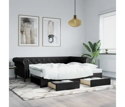 Diivanvoodi Väljatõmmatava Osa Ja Sahtliga, Must, Kunstnahk