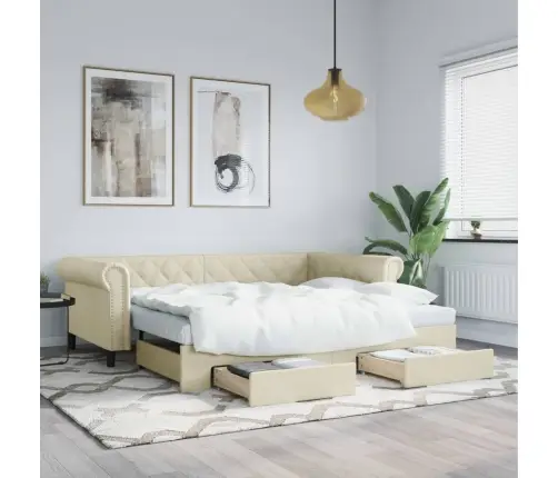 Diivanvoodi Väljatõmmatava Osa Ja Sahtliga, Kreemjas, Kunstnahk