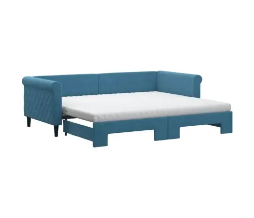 Izvelkams Dīvāns Ar Matraci, Zils, 90X200 Cm, Samts Vidaxl