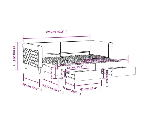 Izvelkams Dīvāns Ar Atvilktnēm, Tumši Zaļš, 90X200 Cm, Samts Vidaxl