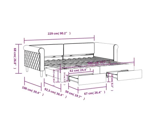 Izvelkams Dīvāns Ar Atvilktnēm, Melns, 90X200 Cm, Samts Vidaxl
