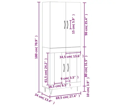 Augstais Skapis, Ozolkoka, 69,5X34X180 Cm, Inženierijas Koks Vidaxl