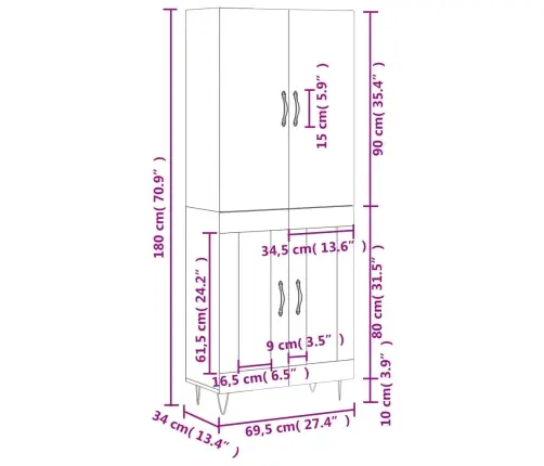 Augstais Skapis, Balts, 69,5X34X180 Cm, Inženierijas Koks Vidaxl