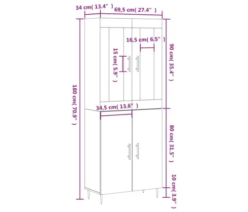 Kõrge Kapp, Betoonhall, 69,5 X 34 X 180 cmTehispuit