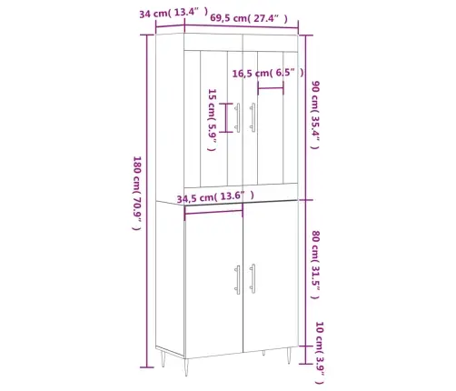 Augstais Skapis, Pelēks, 69,5X34X180 Cm, Inženierijas Koks Vidaxl