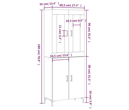Komoda, Dūminio Ąžuolo Spalvos, 69,5X34X180cm Apdirbta Mediena