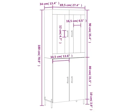 Kõrge Kapp, Suitsutatud Tamm, 69,5 X 34 X 180 cm Tehispuit