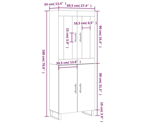 Kõrge Kapp, Valge, 69,5 X 34 X 180 cm Tehispuit