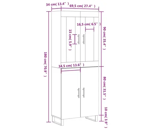 Augstais Skapis, Pelēks, 69,5X34X180 Cm, Inženierijas Koks Vidaxl