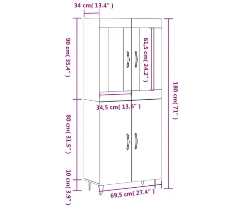 Augstais Skapis, Pelēks, 69,5X34X180 Cm, Inženierijas Koks Vidaxl