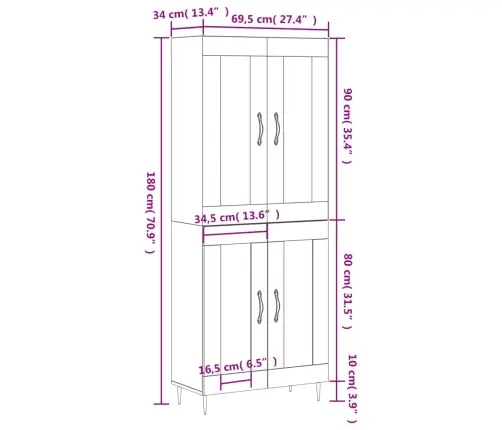 Augstais Skapis, Ozolkoka, 69,5X34X180 Cm, Inženierijas Koks Vidaxl