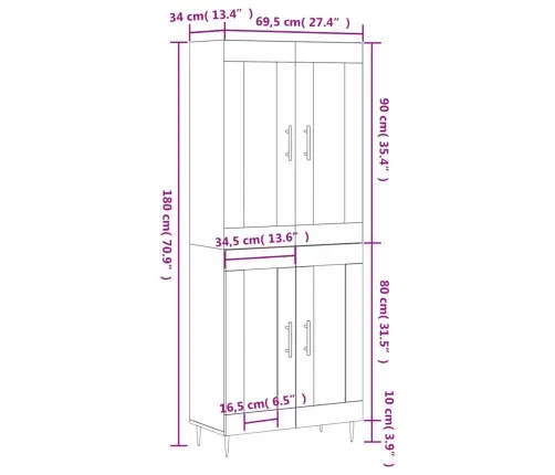 Augstais Skapis, Pelēks, 69,5X34X180 Cm, Inženierijas Koks Vidaxl Augstais Skapis, Pelēks, 69,5X34X180 Cm, Inženierijas Koks Vidaxl