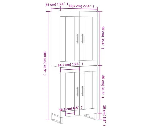 Komoda, Baltos Spalvos, 69,5X34X180cm Apdirbta Mediena