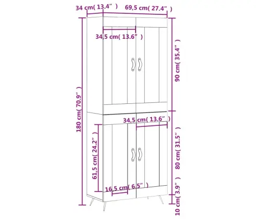 Kõrge Kapp, Betoonhall, 69,5 X 34 X 180 cmTehispuit