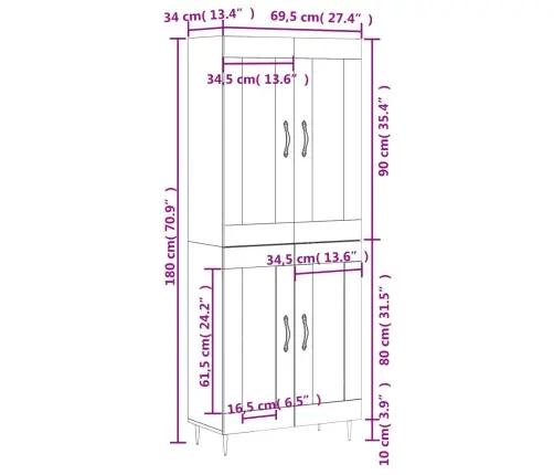 Augstais Skapis, Pelēks, 69,5X34X180 Cm, Inženierijas Koks Vidaxl
