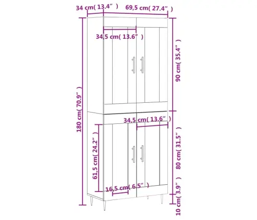 Kõrge Kapp, Suitsutatud Tamm, 69,5 X 34 X 180 cm Tehispuit