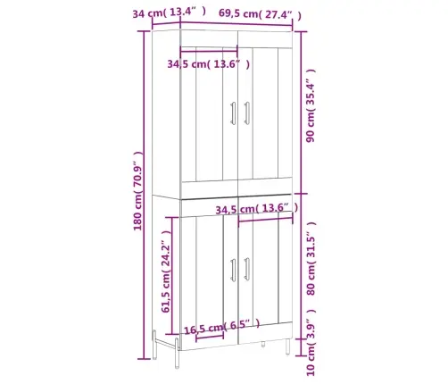 Augstais Skapis, Ozolkoka, 69,5X34X180 Cm, Inženierijas Koks Vidaxl