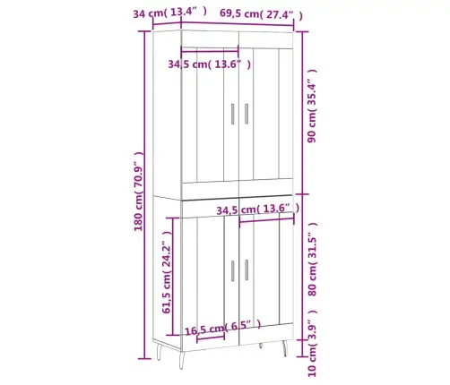 Augstais Skapis, Pelēks, 69,5X34X180 Cm, Inženierijas Koks Vidaxl