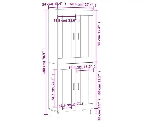 Augstais Skapis, Ozolkoka, 69,5X34X180 Cm, Inženierijas Koks Vidaxl