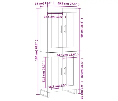 Augstais Skapis, Balts, 69,5X34X180 Cm, Inženierijas Koks Vidaxl