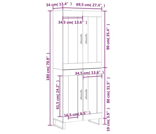 Kõrge Kapp, Betoonhall, 69,5 X 34 X 180 cmTehispuit