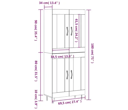Augstais Skapis, Balts, 69,5X34X180 Cm, Inženierijas Koks Vidaxl