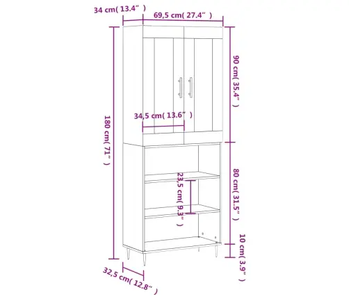 Kõrge Kapp, Must, 69,5 X 34 X 180 cm Tehispuit