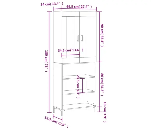 Augstais Skapis, Pelēks, 69,5X34X180 Cm, Inženierijas Koks Vidaxl Augstais Skapis, Pelēks, 69,5X34X180 Cm, Inženierijas Koks Vidaxl