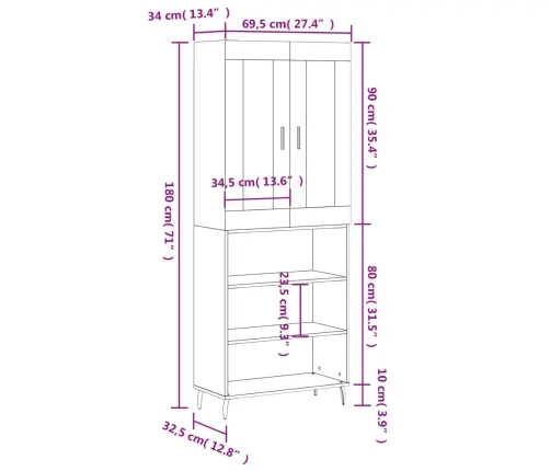 Komoda, Pilkos Ąžuolo Spalvos, 69,5X34X180cm Apdirbta Mediena