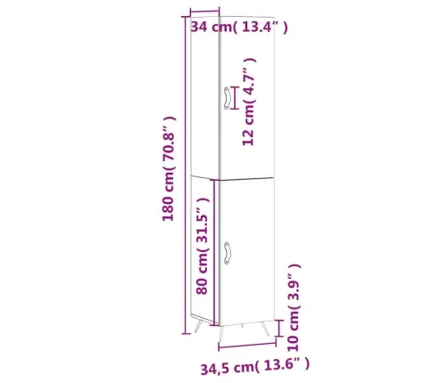 Augstais Skapītis, Balts, 34,5X34X180 Cm, Inženierijas Koks Vidaxl