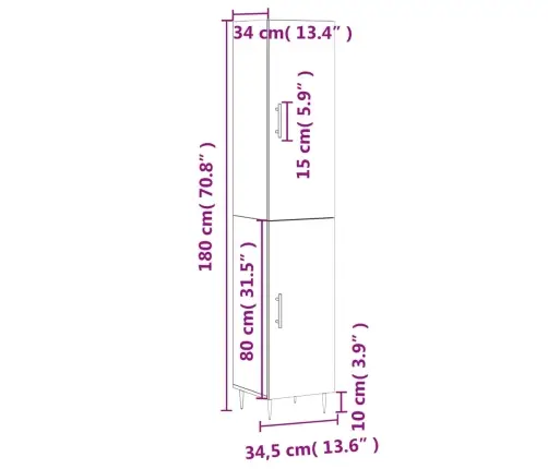Augstais Skapītis, Pelēks, 34,5X34X180 Cm, Inženierijas Koks Vidaxl