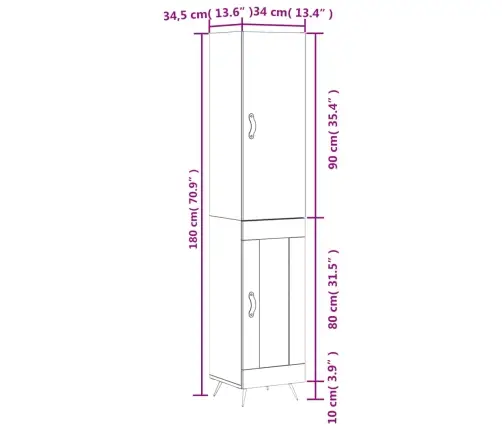 Augstais Skapītis, Balts, 34,5X34X180 Cm, Inženierijas Koks Vidaxl