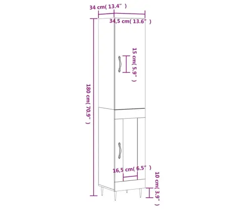 Augstais Skapītis, Balts, 34,5X34X180 Cm, Inženierijas Koks Vidaxl