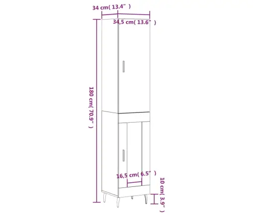 Augstais Skapītis, Pelēks, 34,5X34X180 Cm, Inženierijas Koks Vidaxl