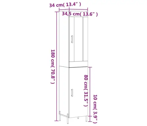 Augstais Skapītis, Pelēks, 34,5X34X180 Cm, Inženierijas Koks Vidaxl