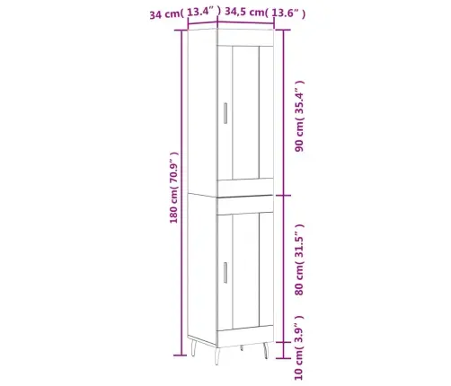 Augstais Skapītis, Pelēks, 34,5X34X180 Cm, Inženierijas Koks Vidaxl