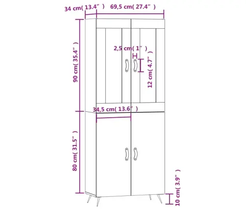Augstais Skapis, Pelēks, 69,5X34X180 Cm, Inženierijas Koks Vidaxl