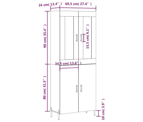 Kõrge Kapp, Betoonhall, 69,5 X 34 X 180 cmTehispuit