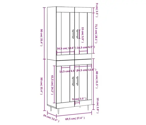 Augstais Skapis, Balts, 69,5X34X180 Cm, Inženierijas Koks Vidaxl