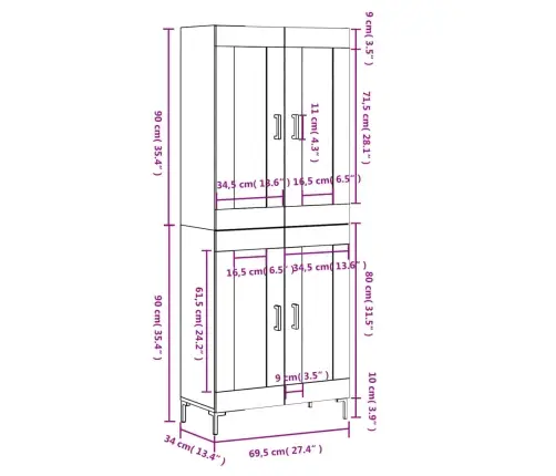 Augstais Skapis, Balts, 69,5X34X180 Cm, Inženierijas Koks Vidaxl